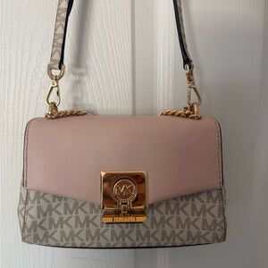 Michael Kors Blush Pink and Signature Logo Crossbody with Gold Chain